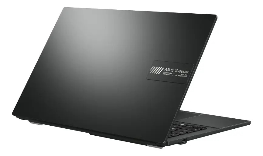 Vista traseira em três quartos do notebook Asus Vivobook Go 15, com a tampa e o logotipo da linha