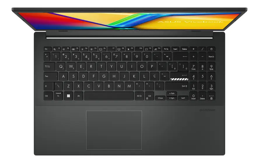 Vista de cima do teclado ABNT2 e do touchpad do notebook Asus Vivobook Go 15
