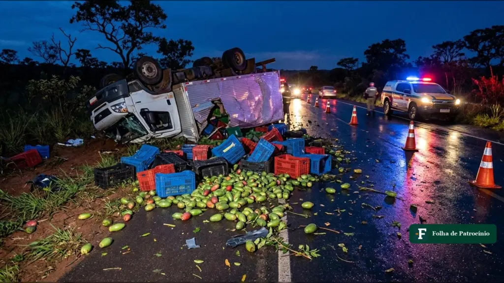 Ilustração de caminhão de mangas capotado na BR-365 com a carga espalhada pela pista à noite