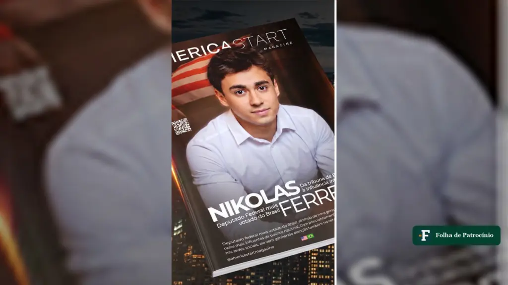 Revista com a capa de Nikolas Ferreira de camisa branca e bandeira americana ao fundo