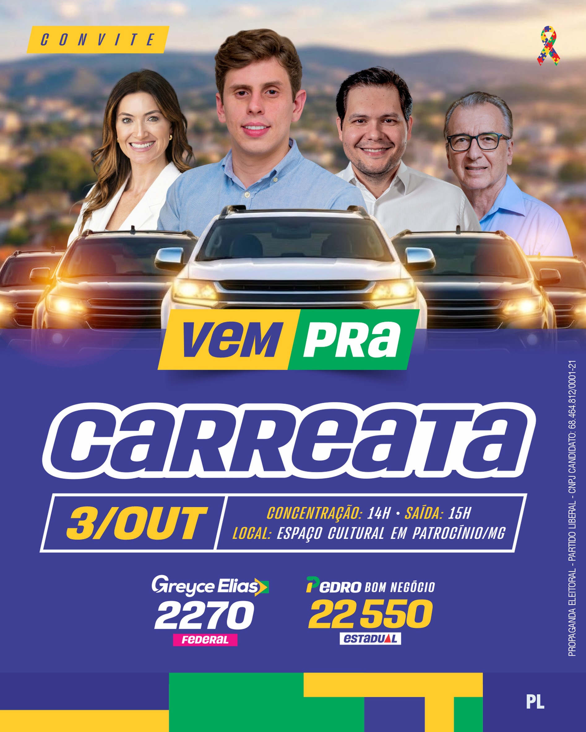 Convite da carreata do PL em Patrocínio neste sábado, 3 de outubro, com Greyce Elias e Pedro Bom Negócio