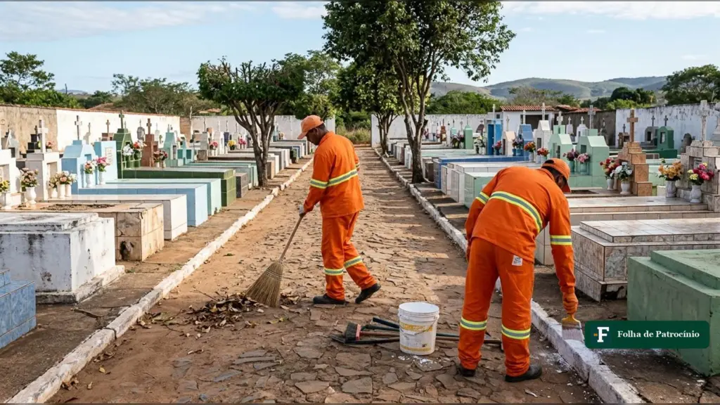 Ilustração de servidores limpando o Cemitério Municipal de Patrocínio para o Dia de Finados