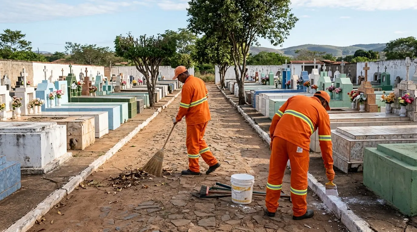Ilustração de servidores limpando o Cemitério Municipal de Patrocínio para o Dia de Finados