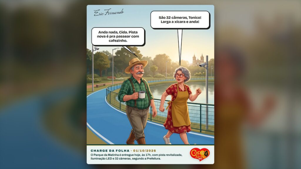 Charge da Folha: Seu Tonico passeia com a xícara de café na pista azul do Parque da Matinha enquanto Dona Cida caminha depressa. Charge de Eric Fernando, ilustração feita com IA