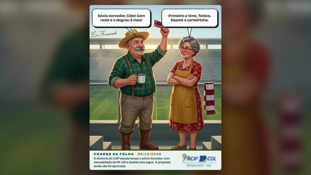 Charge da Folha: Seu Tonico ergue uma carteirinha de sócio-torcedor na arquibancada do estádio enquanto Dona Cida, de braços cruzados, cobra o time. Charge de Eric Fernando, ilustração feita com IA