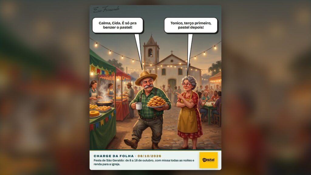 Charge da Folha: Seu Tonico carrega um prato de pastéis e uma xícara na festa de São Geraldo enquanto Dona Cida aponta para a igreja. Charge de Eric Fernando, ilustração feita com IA
