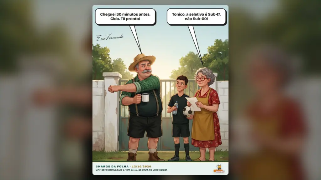 Charge da Folha: Seu Tonico, de uniforme preto, chega à seletiva do CAP ao lado de Dona Cida e de um adolescente. Charge de Eric Fernando, ilustração feita com IA