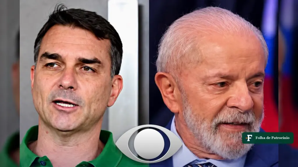 Flávio Bolsonaro e Lula lado a lado, com o símbolo da Band ao centro, na montagem sobre como assistir ao debate