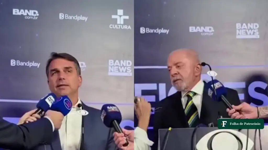 Confrontar as mentiras: Flávio Bolsonaro e Lula respondem a repórteres diante do painel da Band, em São Paulo