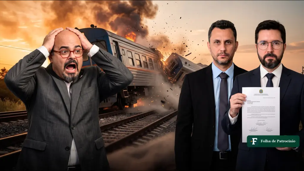 Montagem ilustrativa das contas de Minas com Simões de mãos na cabeça diante de um trem descarrilhando, ao lado de Cleitinho e Falcão