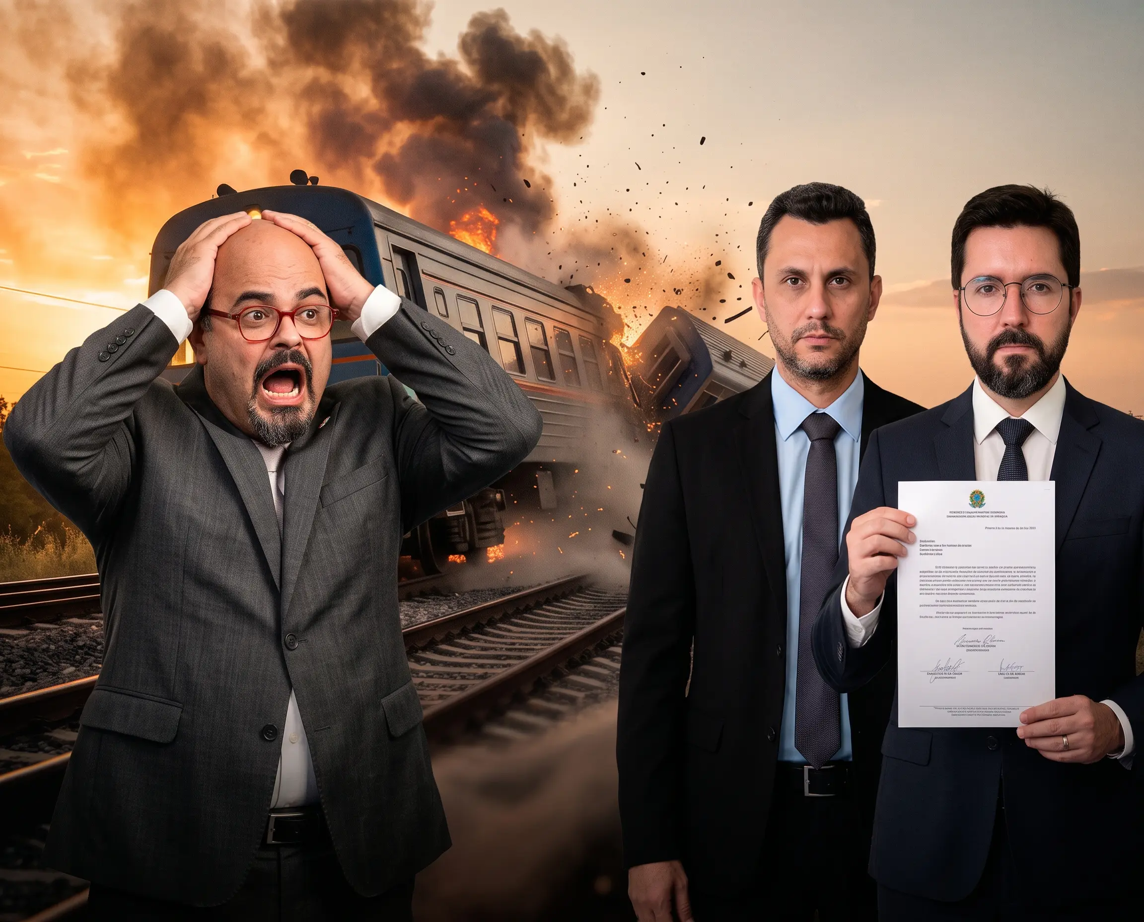 Montagem ilustrativa das contas de Minas: Simões desesperado diante do trem descarrilhado, com Cleitinho e Falcão segurando o ofício da transição