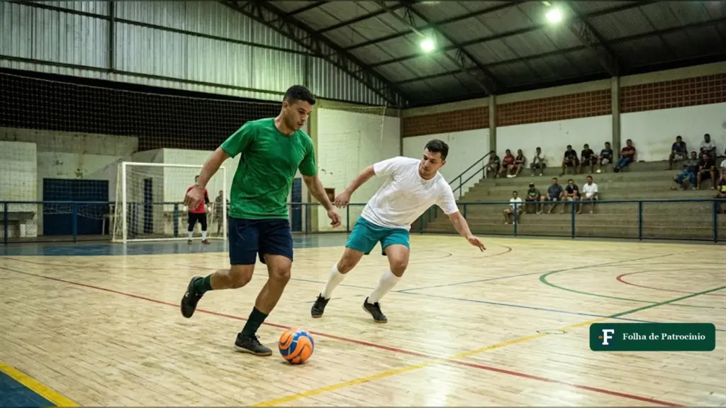 Ilustração de jogadores disputando a bola num ginásio, tema da copa de futsal em Patrocínio