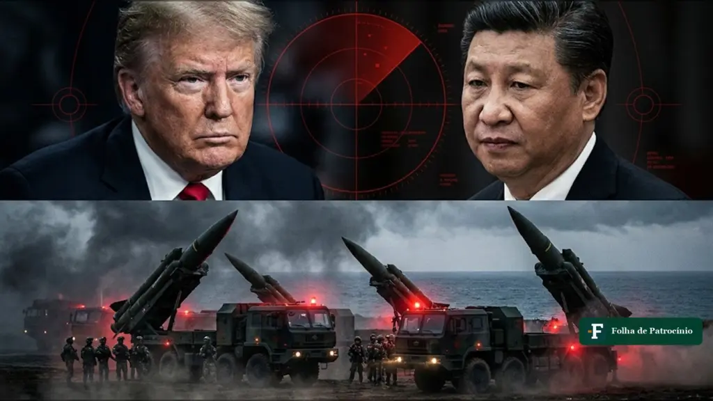 Ilustração de Trump e Xi Jinping sobre lançadores militares; Coreia do Norte dispara mísseis a partir de Wonsan