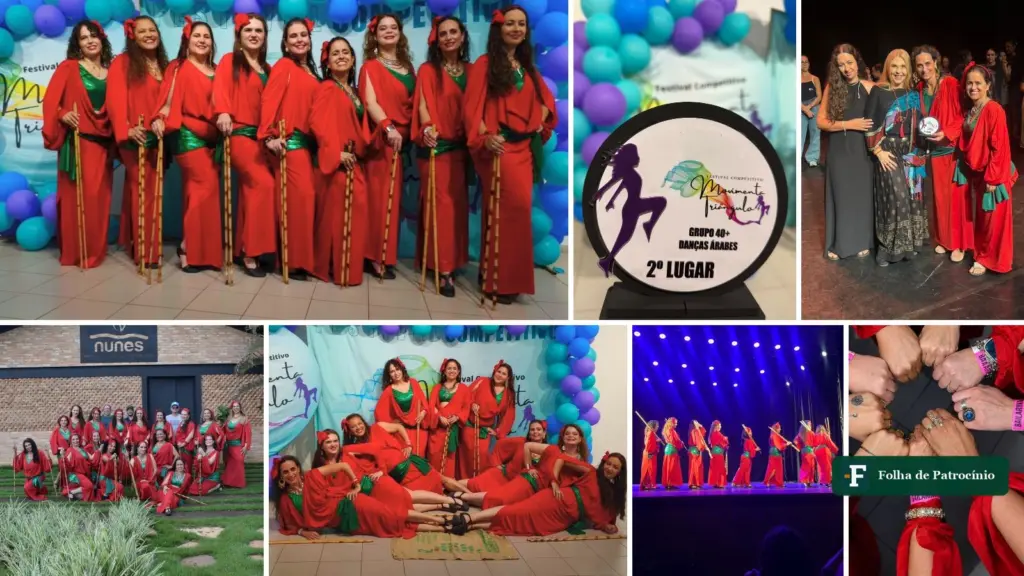 Mosaico de fotos das bailarinas de dança do ventre de Patrocínio no Festival Movimenta Triângulo, em Uberaba, com o troféu de 2º lugar