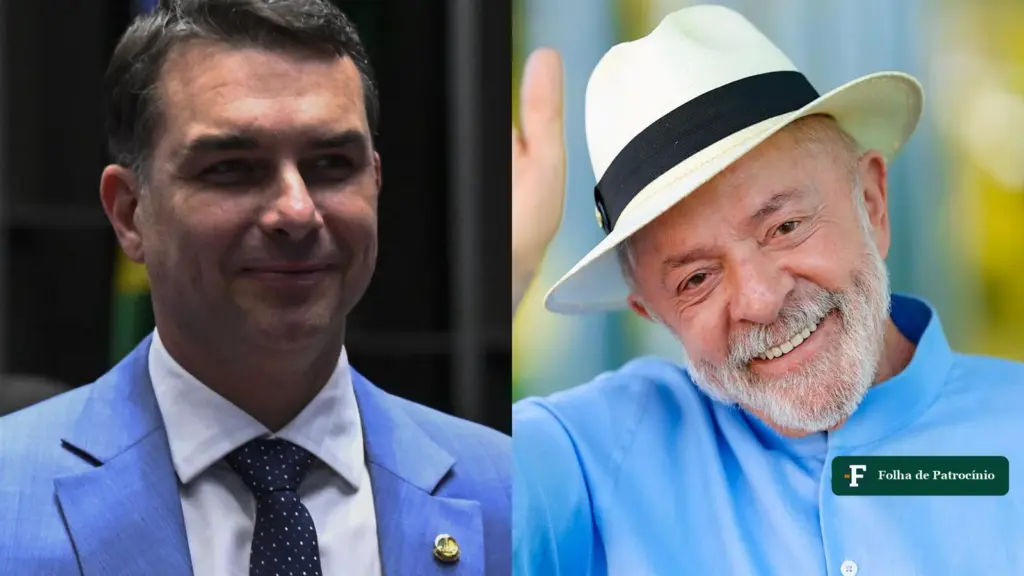 Flávio Bolsonaro e Lula lado a lado em fotos oficiais, na cobertura do Datafolha de hoje