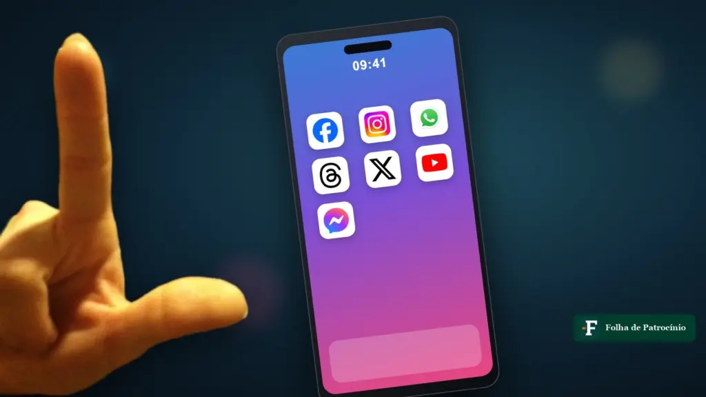 Mão fazendo o L ao lado de celular com ícones das redes sociais, montagem sobre demissão por voto
