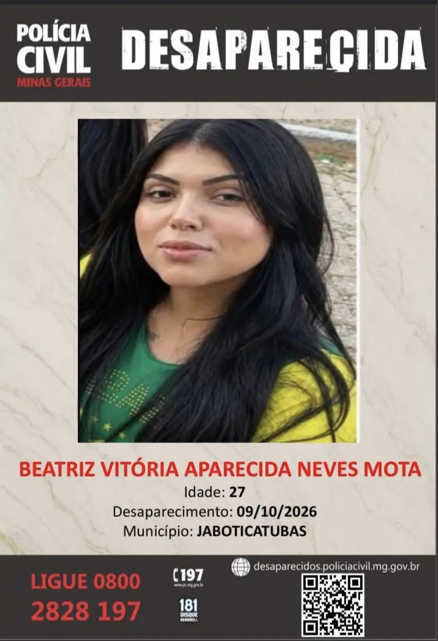 Cartaz da Polícia Civil de Minas Gerais sobre a jovem desaparecida em Jaboticatubas, com foto, idade e telefones para informações
