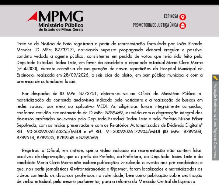 Trecho do despacho do MPMG sobre o ato no hospital de Espinosa
