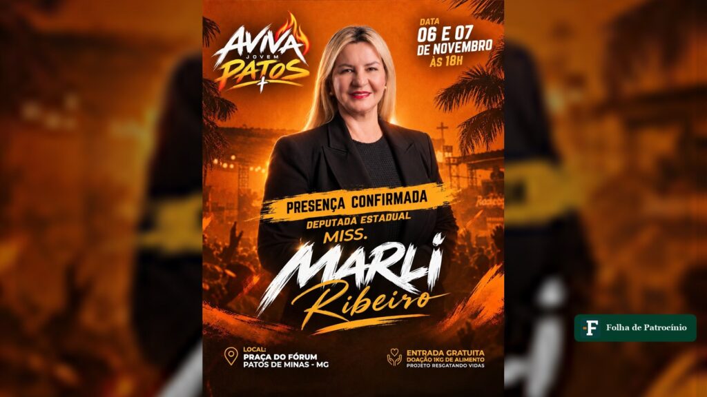 Marli Ribeiro no Aviva Jovem: arte de divulgação com a deputada estadual e as datas do evento em Patos de Minas