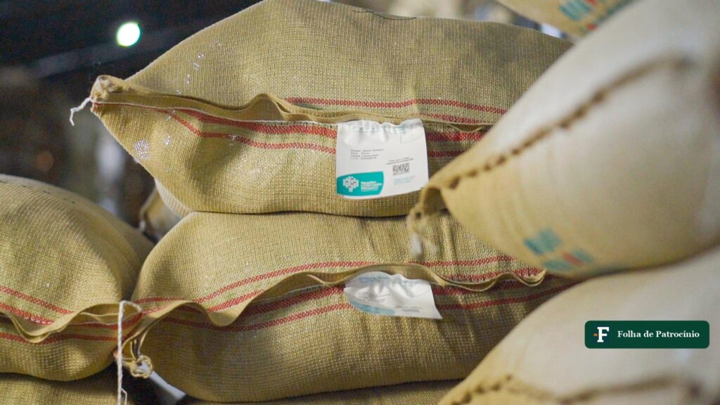 Sacas de café com selo de origem empilhadas em armazém, prontas para o café para os EUA e outros destinos. Foto: Expocacer
