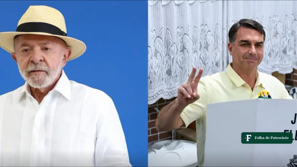 Lula e Flávio Bolsonaro lado a lado, candidatos ao segundo turno citados no Datafolha segundo turno