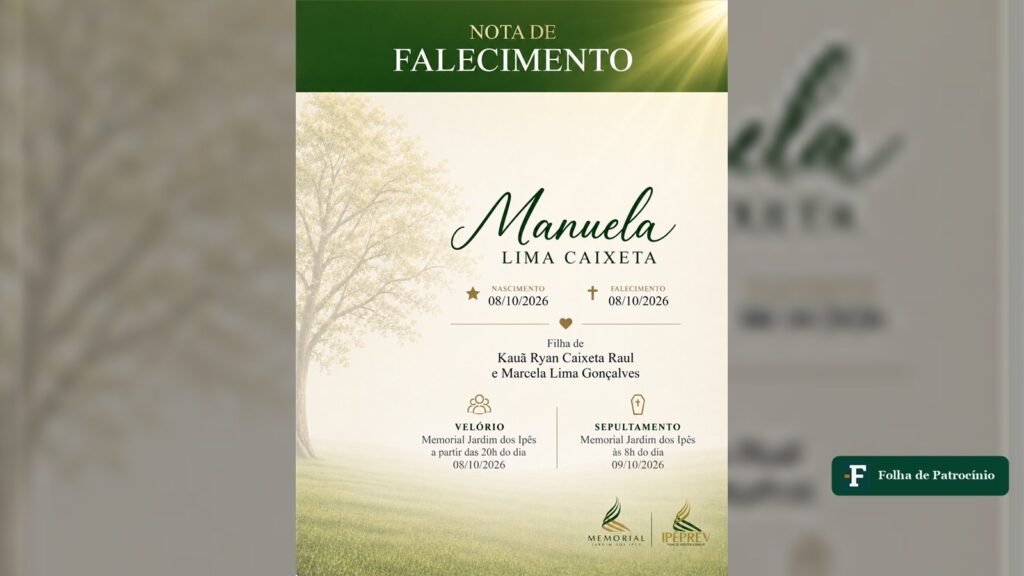 Nota de falecimento da recém-nascida Manuela Lima Caixeta, divulgada pelo Memorial Jardim dos Ipês