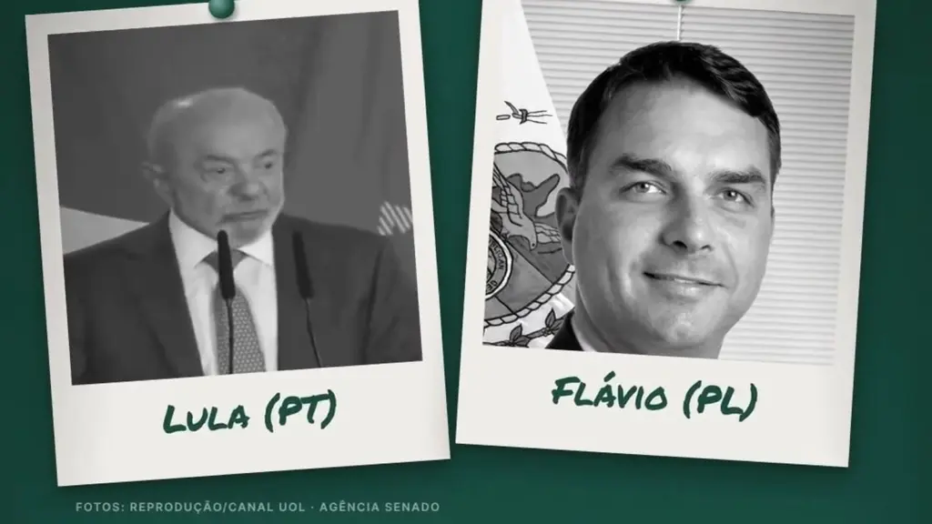 Fotos de Lula e Flávio Bolsonaro presas em quadro verde, em print de vídeo sobre as pesquisas do 2º turno