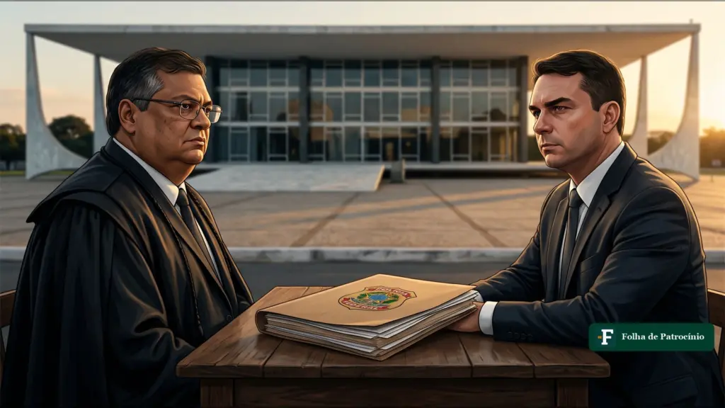 Dino manda PF investigar: ilustração gerada por IA do ministro Flávio Dino e de Flávio Bolsonaro diante do STF, com um dossiê da Polícia Federal
