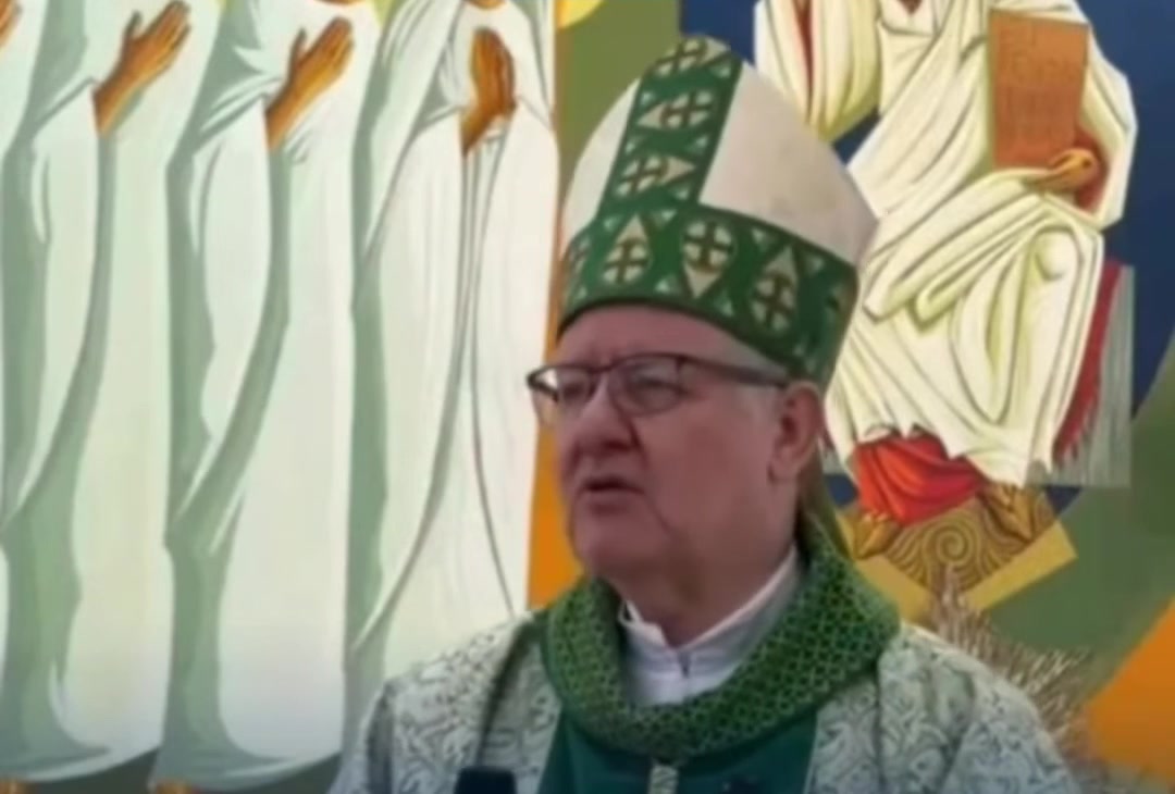 Dom Adair José Guimarães fala durante a homilia, de mitra e paramento verde