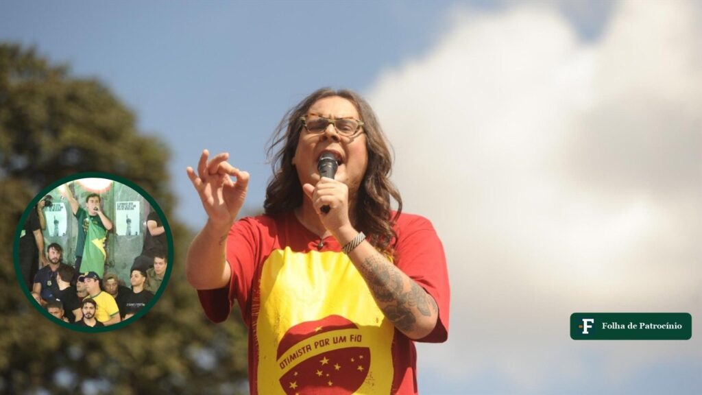 A deputada federal Duda Salabert discursa ao microfone, com o círculo de Nikolas Ferreira em meio a apoiadores na Praça Sete