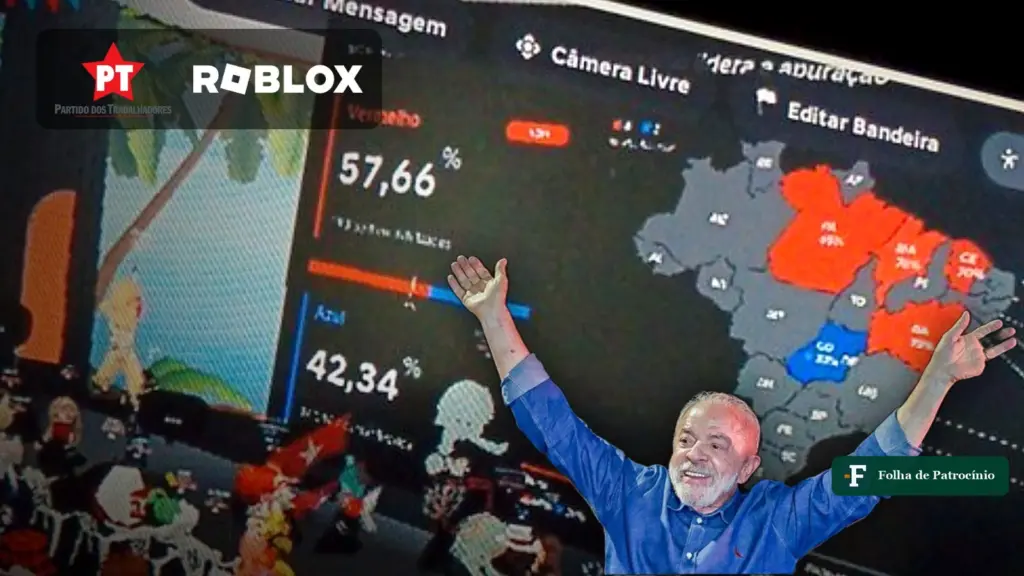 Telão de apuração da eleição no Roblox com mapa do Brasil, Lula de braços abertos e os logos do PT e do Roblox