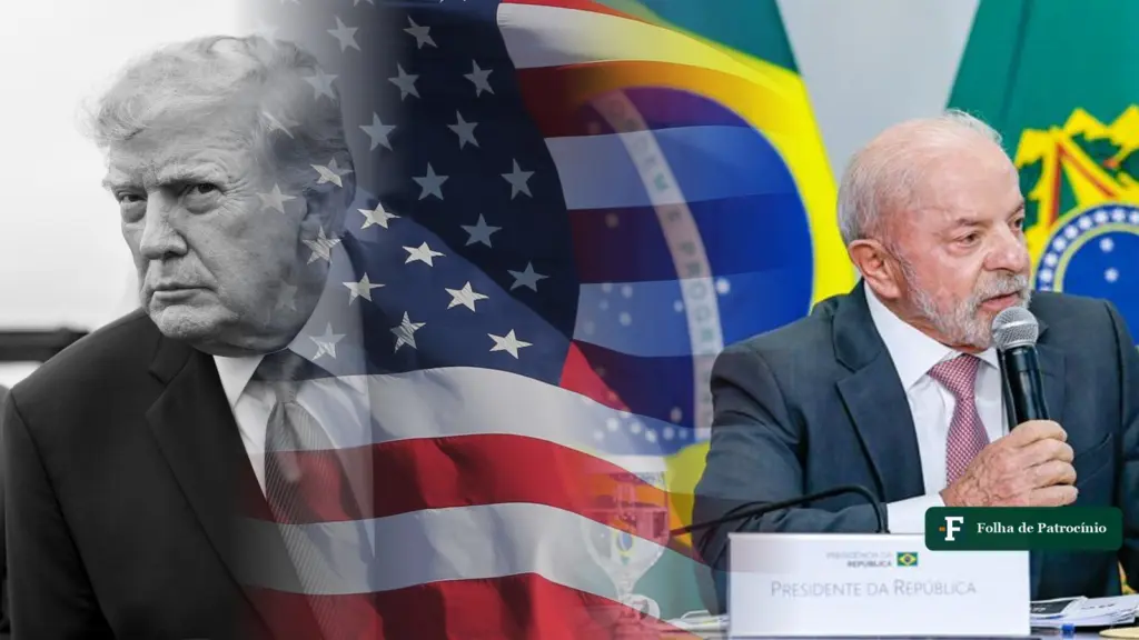 Montagem com Donald Trump de semblante fechado, a bandeira dos Estados Unidos e Lula sério em reunião no Planalto, imagem sobre a Embaixada dos EUA