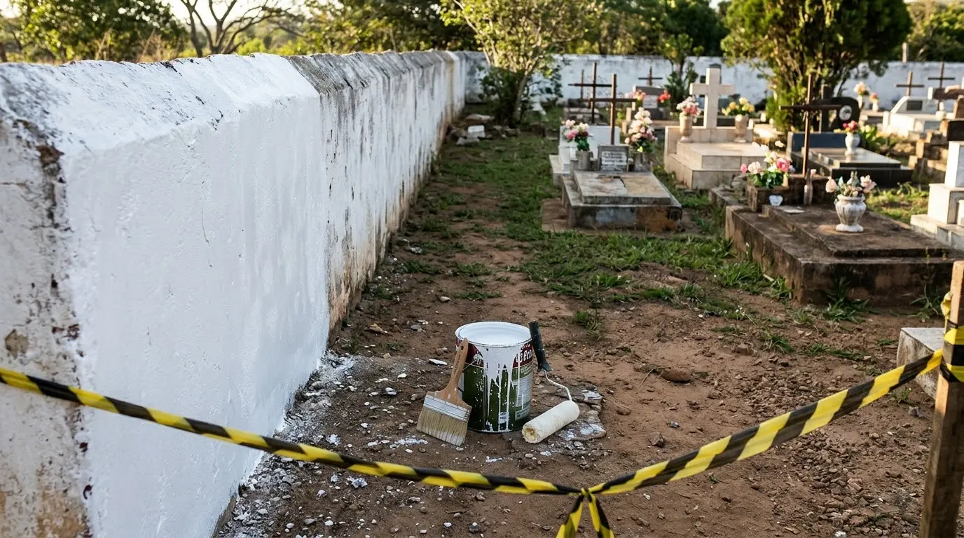 Ilustração de cemitério de distrito rural isolado por fita zebrada, com lata de tinta e pincel no chão junto ao muro