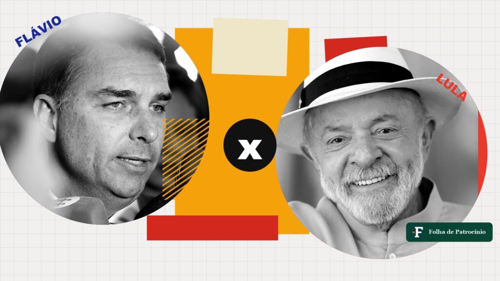 Montagem com fotos de Flávio Bolsonaro e Lula frente a frente, tema do erro das pesquisas no primeiro turno
