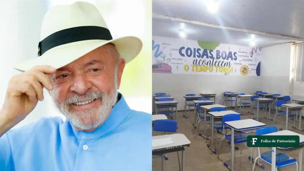 Lula sorri e segura o chapéu, ao lado de uma sala de aula vazia, em imagem que ilustra a escolaridade de Lula