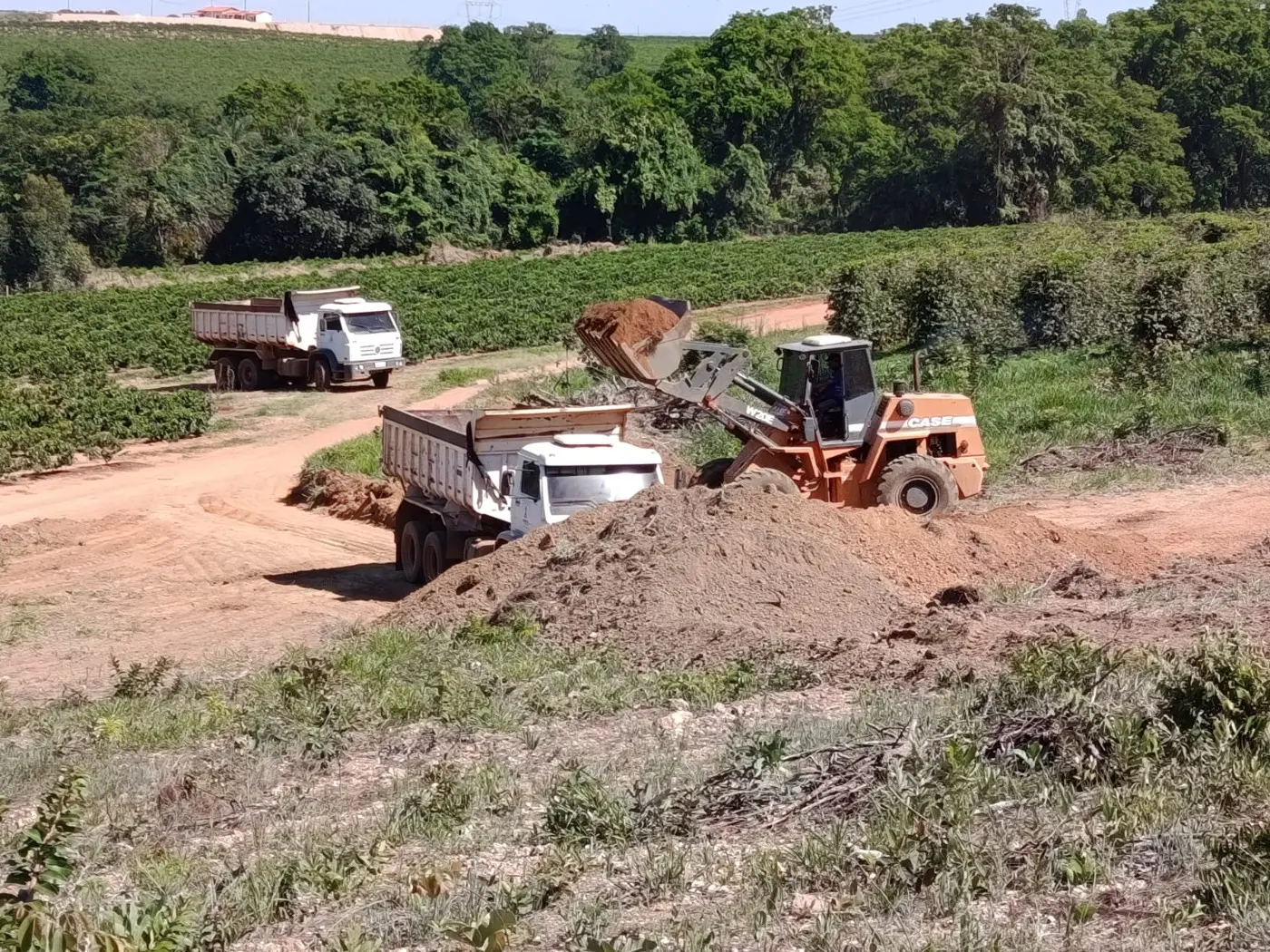Estradas rurais de Patrocínio: patrola e caminhões em serviço de cascalhamento entre lavouras