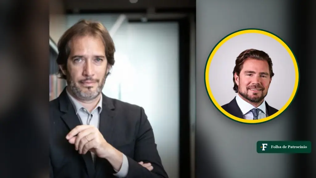 Ex-advogado de Vorcaro, Pierpaolo Bottini posa de braços cruzados, com Daniel Vorcaro em destaque num círculo