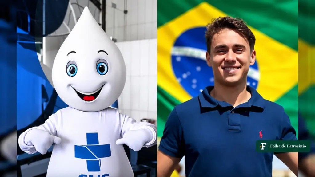 Zé Gotinha com o símbolo do SUS ao lado do deputado Nikolas Ferreira, autor do projeto sobre exames particulares no SUS