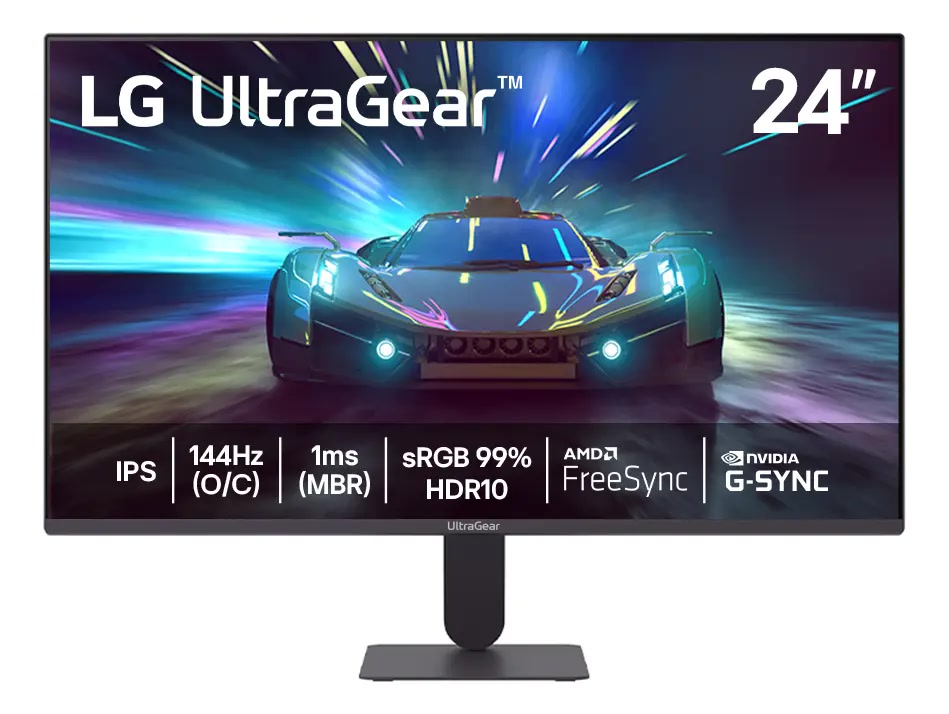 Monitor gamer LG UltraGear 24G411A-B de 24 polegadas com imagem de jogo de corrida