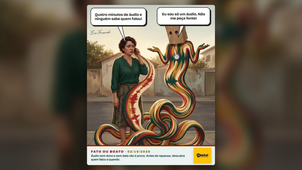 Charge Fato ou Boato: mulher com o celular no ouvido ao lado de uma onda sonora com saco de papel na cabeça que dá de ombros. Charge de Eric Fernando, ilustração feita com IA