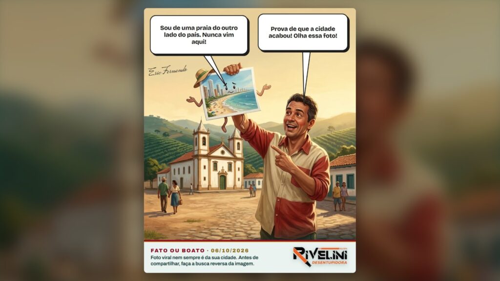 Charge Fato ou Boato: homem ergue a foto de uma praia com prédios na praça de Patrocínio e a foto, com chapéu de turista, diz que é de outra cidade. Charge de Eric Fernando, ilustração feita com IA