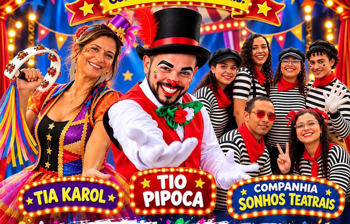 Atrações da Festa das Cores no cartaz do evento: Tia Karol, Tio Pipoca e Companhia Sonhos Teatrais