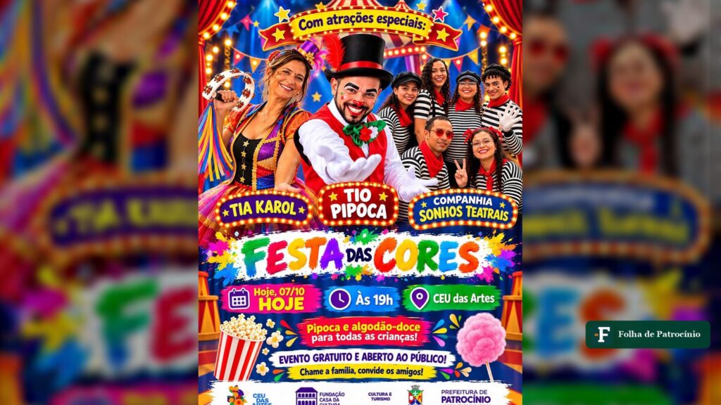 Cartaz da Festa das Cores, evento do Dia das Crianças no CEU das Artes, em Patrocínio