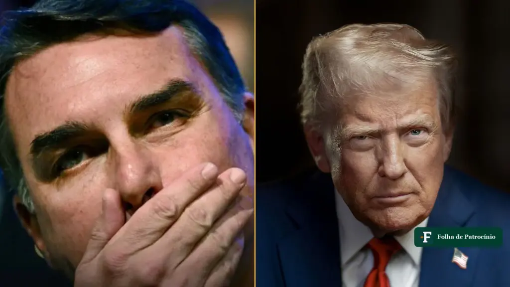 Montagem com fotos de Flávio Bolsonaro e de Donald Trump, sobre Flávio a caminho dos EUA