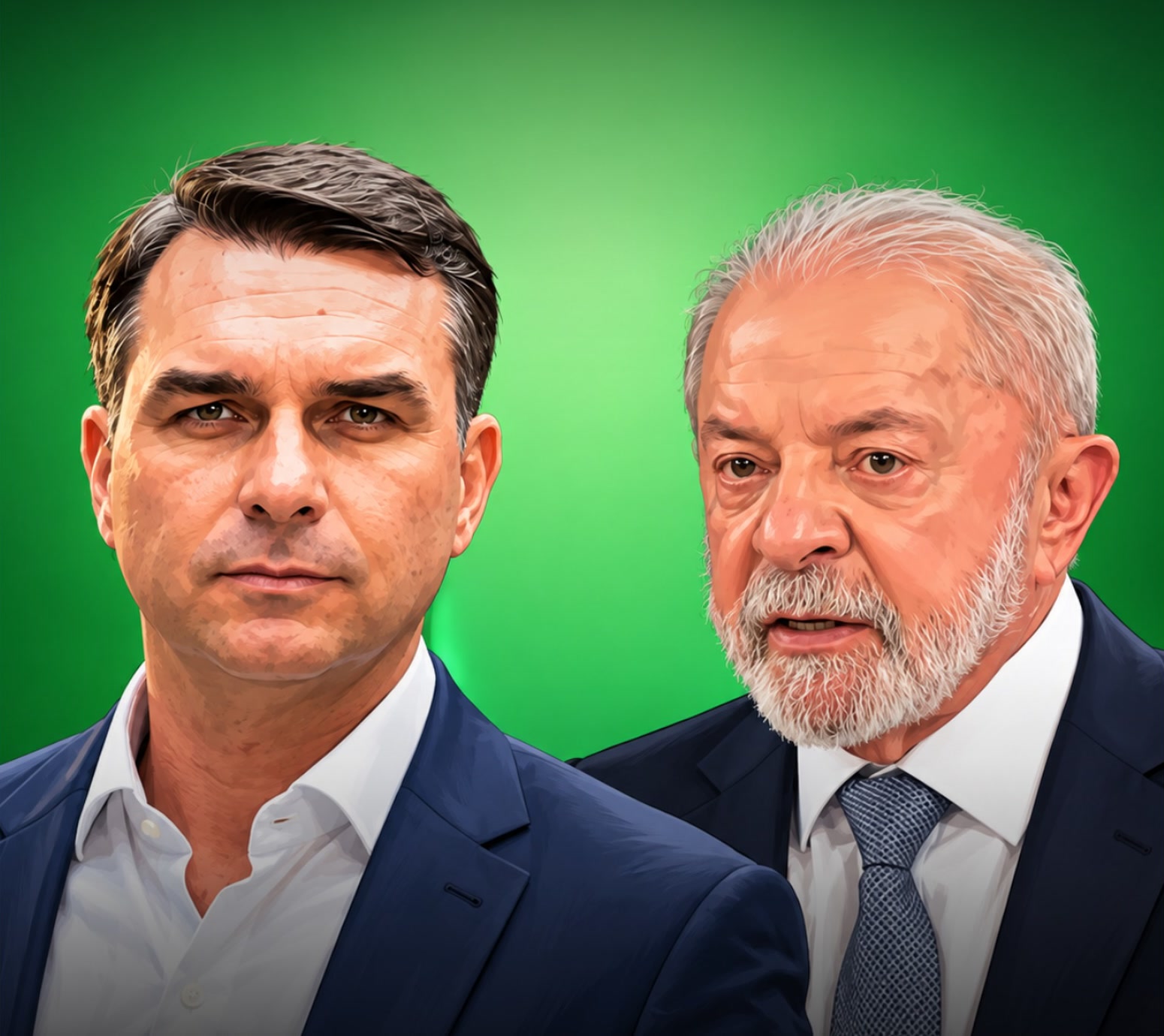 Flávio Bolsonaro e Lula lado a lado, em ilustração sobre fundo verde, na Quaest da véspera do primeiro turno