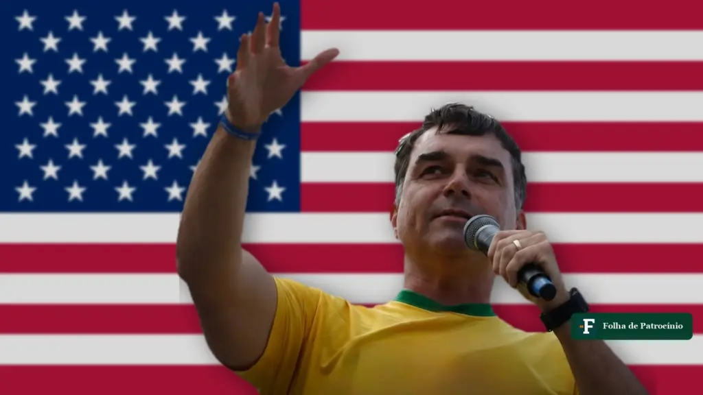 Flávio chegou aos EUA, diz aliado de Trump: montagem com foto do senador sobre a bandeira dos Estados Unidos