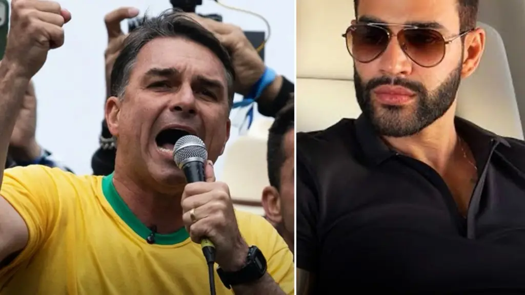 Flávio Bolsonaro discursa ao microfone ao lado do cantor Gusttavo Lima, em montagem sobre a gravação de Flávio com sertanejos em Goiás