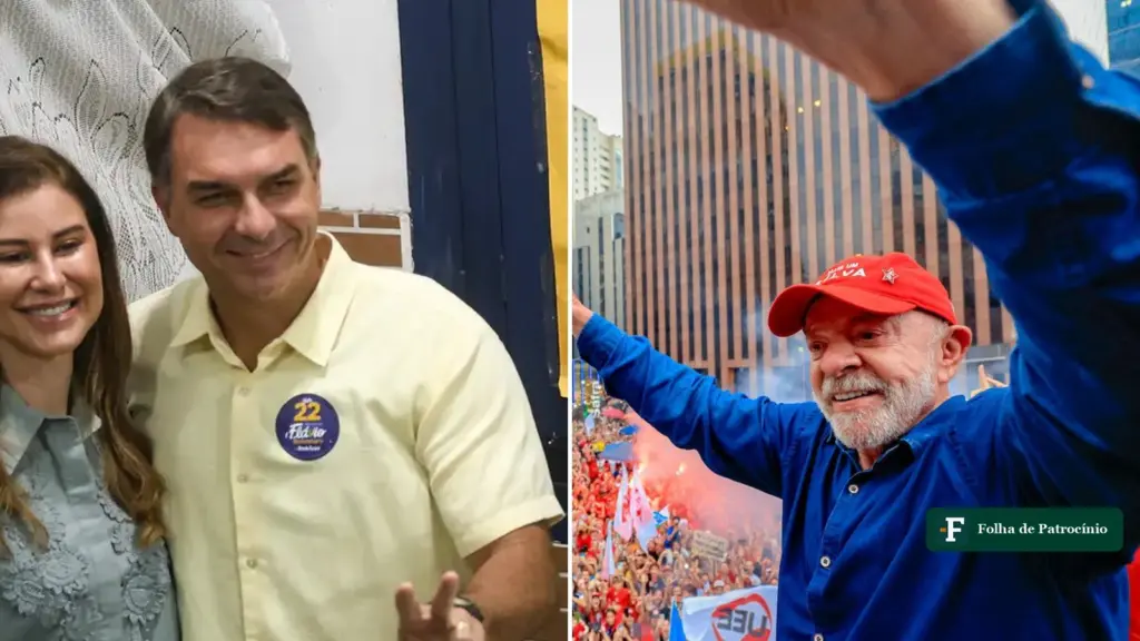 Flávio e Lula na apuração: Flávio Bolsonaro sorri ao votar no Rio e Lula acena a apoiadores na Avenida Paulista (Fotos: Tomaz Silva/Agência Brasil e Ricardo Stuckert/Lula Oficial, CC BY-SA 4.0)