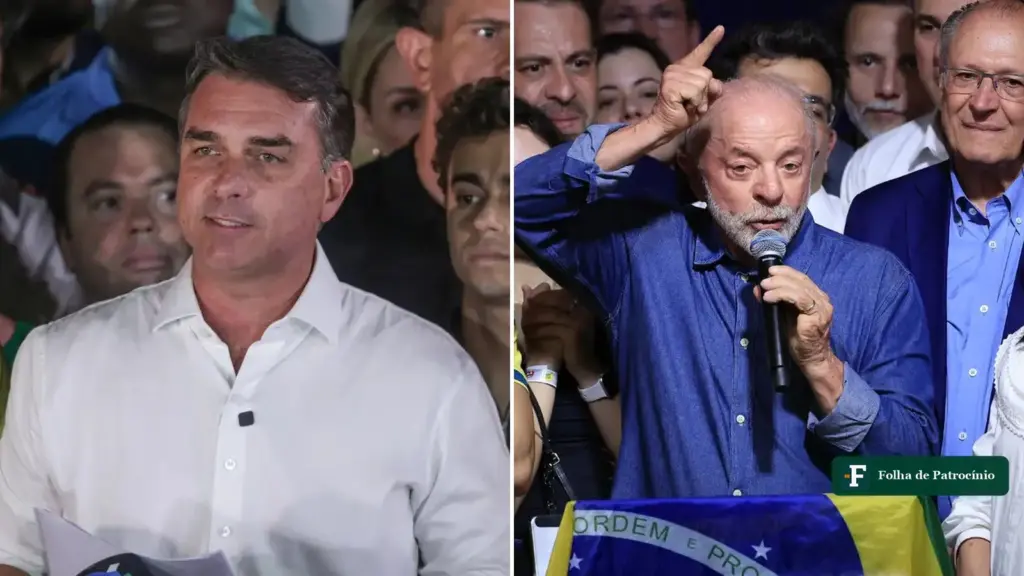Flávio em Miami: montagem com Flávio Bolsonaro e Lula discursando na noite da eleição, em 25 de outubro