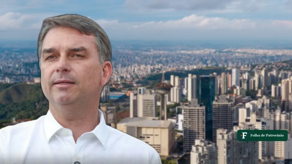 Flávio em Minas: montagem do senador Flávio Bolsonaro diante da vista aérea de Belo Horizonte